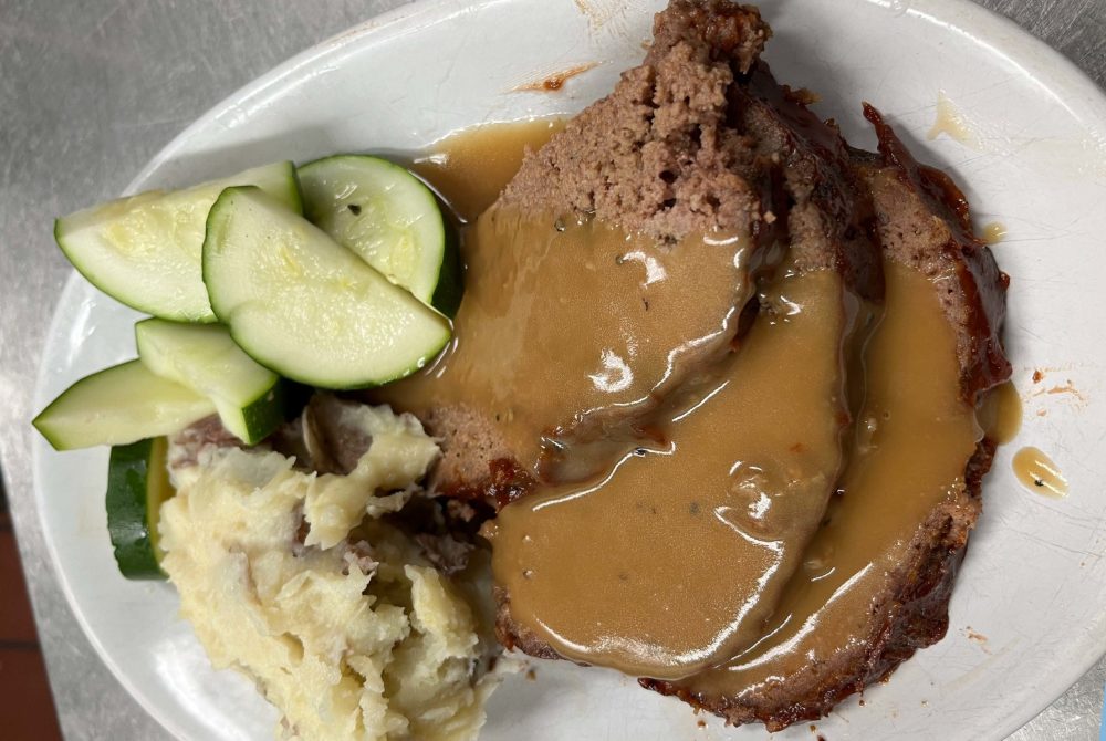 Plate of meatloaf, gravy, mashed potatoes and zucchini at 400 East in East Harwich