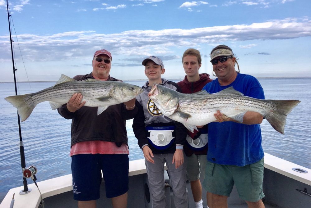 Four men on deck of charter fishing boat with two enormous striped bass