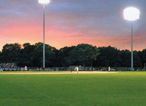 Harwich Mariners baseball game at twilight