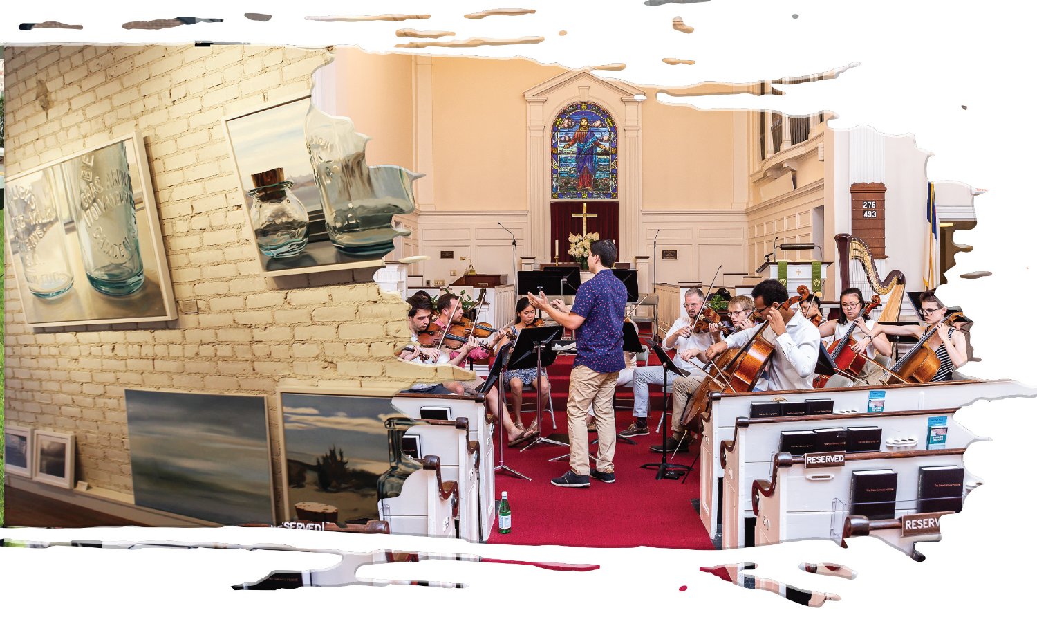 Composite image of Nines Art Gallery and Pilgrim Congregational Church choir rehearsal