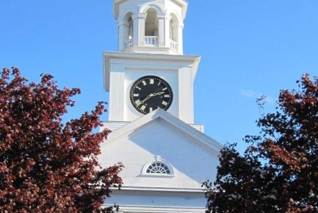 Pilgrim Congregational Church front view including spire